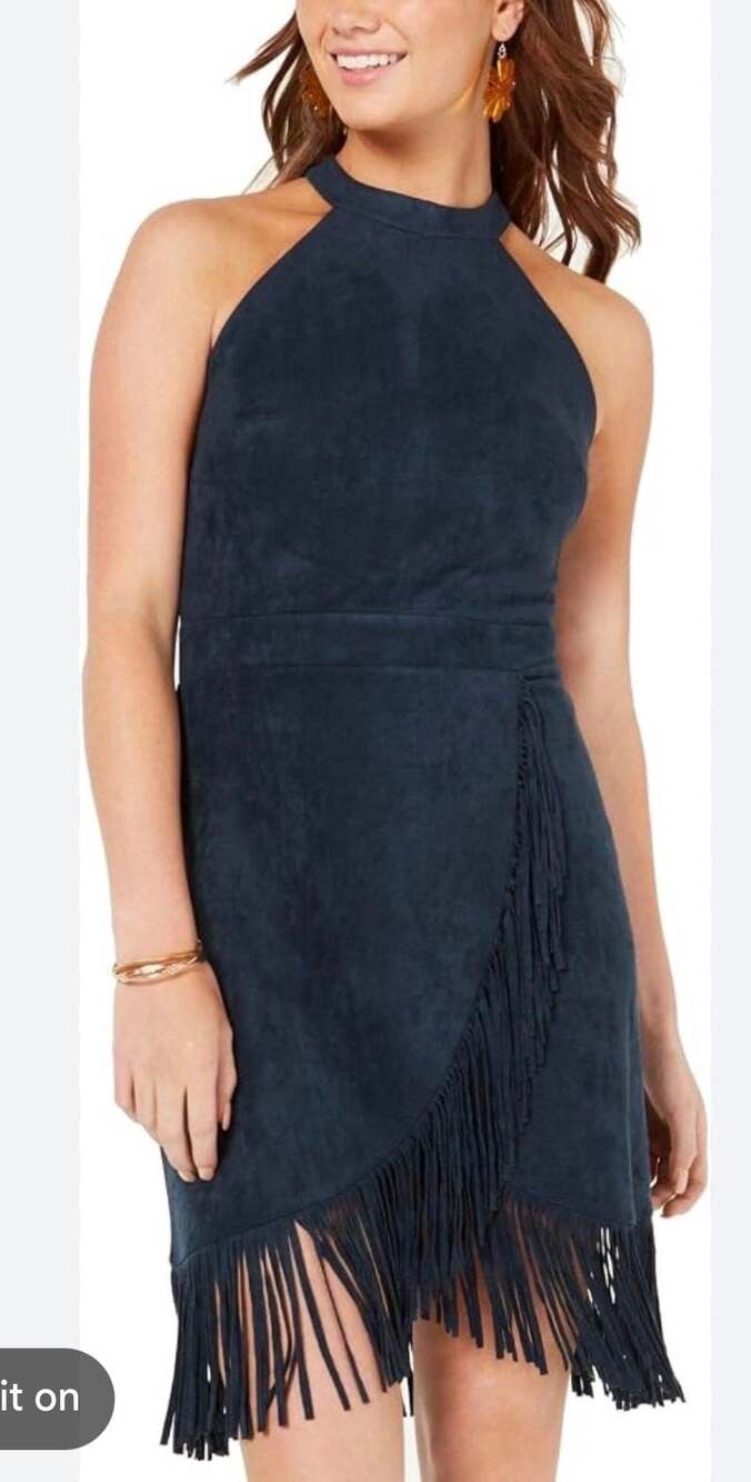 Rosie Harlow Faux Suede Fringe Halter Mini Dress Navy XS